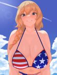  1girl aircraft airplane american_flag_bikini bikini blue_eyes blue_sky breasts cloud cloudy_sky contrail day flag_print freckles from_below grin highres huge_breasts lancer24 long_hair looking_at_viewer ocean original outdoors sky smile solo swimsuit 