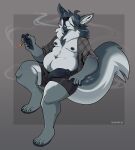  anthro belly black_penis bottomwear bulge cadaverrdog canid canine canis cheek_tuft chin_tuft chubby_anthro chubby_male clothed clothing drugs erection facial_tuft flannel flannel_shirt fluffy fluffy_tail foreskin fur genitals grey_background grey_body grey_fur hair hair_over_eyes hi_res humanoid_genitalia humanoid_penis inner_ear_fluff male mammal marijuana moobs neck_tuft open_bottomwear open_clothing open_pants open_shirt open_topwear pants penis shirt shorts simple_background slightly_chubby smile smirk smoke smoking smoking_weed smug smug_face smug_grin solo topwear tuft wolf 