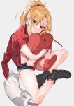  1girl absurdres bandeau bangs blonde_hair blue_shorts blush boots braid breasts cat citron_82 commission cutoffs denim denim_shorts fate/apocrypha fate_(series) french_braid green_eyes hair_ornament hair_scrunchie highres jacket jacket_on_shoulders lobster long_hair looking_at_viewer mordred_(fate) mordred_(fate/apocrypha) mordred_(memories_at_trifas)_(fate) open_clothes open_jacket parted_bangs ponytail red_jacket scrunchie shorts sidelocks sitting skeb_commission small_breasts stuffed_toy 