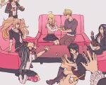  3boys 6+girls ahoge akamatsu_kaede amami_rantarou bangs bear_hair_ornament black_footwear black_hair black_nails black_shirt black_skirt blonde_hair boots bow breasts brown_pants celestia_ludenberg cleavage collarbone couch danganronpa:_trigger_happy_havoc danganronpa_(series) danganronpa_2:_goodbye_despair danganronpa_v3:_killing_harmony enoshima_junko freckles green_hair green_jacket grey_background grey_shirt hair_horns hair_ornament highres hinata_hajime holding ikusaba_mukuro jacket jewelry knee_boots kneehighs kneeling komaeda_nagito large_breasts long_hair messy_hair midori_(310ri_21) miniskirt mioda_ibuki multicolored_hair multiple_boys multiple_girls musical_note musical_note_hair_ornament nail_polish nail_polish_bottle neck_ribbon necklace open_clothes open_jacket orange_ribbon pants pink_vest pleated_skirt print_shirt red_bow red_skirt ribbon saw school_uniform shiny shiny_hair shirogane_tsumugi shirt short_hair short_sleeves siblings simple_background sisters sitting skirt socks striped striped_shirt table torn_thighhighs twintails vest white_hair 