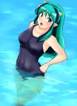  1girl absurdres aqua_hair blue_eyes blue_swimsuit breasts commentary_request feet_out_of_frame hand_on_hip highres horns long_hair looking_at_viewer lum medium_breasts nanao_futaba oni_horns partially_submerged pointy_ears school_swimsuit smile solo swimsuit urusei_yatsura water 