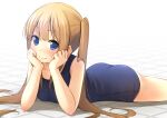  1girl blonde_hair blue_eyes blue_swimsuit flat_chest hands_on_own_face long_hair looking_at_viewer lying old_school_swimsuit on_stomach original school_swimsuit shibacha simple_background solo swimsuit tile_floor tiles twintails white_background 