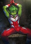  2018 beast_boy bound bulge cuff_(restraint) dc_comics fangs fur green_body green_fur green_hair hair handcuffed handcuffs hi_res humanoid humanoid_pointy_ears joecat looking_at_viewer male metal_cuffs restraints solo teen_titans 