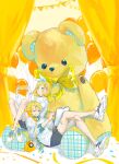  1boy 1girl absurdres balloon bandaid bandaid_on_leg black_shorts blonde_hair blue_eyes bow bow_hairband bunting candy cradling_phone curtains food grin hair_between_eyes hair_ornament hairband hairpin highres kagamine_len kagamine_rin knee_up knees_up leg_up lollipop matching_outfit medium_hair off_shoulder oversized_object pd_ta1 shirt shoes short_ponytail shorts smile sneakers string_of_flags stuffed_animal stuffed_toy teddy_bear vocaloid white_bow white_shirt yellow_bow 