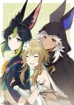  1girl 2boys animal_ear_fluff animal_ears animal_hood black_gloves black_hair blonde_hair cyno_(genshin_impact) dark-skinned_male dark_skin detached_sleeves dress ear_piercing earrings fingerless_gloves flower fox_boy fox_ears genshin_impact gloves green_eyes green_hair grey_hair hair_flower hair_ornament highres hood jackal_ears jewelry lily_(flower) lumine_(genshin_impact) medium_hair multicolored_hair multiple_boys piercing quinny_il red_eyes short_hair_with_long_locks single_earring streaked_hair tassel tighnari_(genshin_impact) white_dress white_flower yellow_flower 