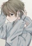  1boy absurdres black_eyes brown_hair closed_mouth ear_piercing earrings facing_to_the_side grey_hoodie highres hood hood_down hoodie jewelry long_sleeves looking_at_viewer male_focus original piercing solo white_background white_xxxx 