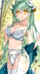  1girl bamboo bare_shoulders blush bra breasts cleavage cowboy_shot dragon_girl dragon_horns fate/grand_order fate_(series) green_hair hair_ornament highres horns kiyohime_(fate) large_breasts long_hair looking_at_viewer morizono_shiki navel off_shoulder panties parted_lips smile solo thighhighs underwear white_bra white_panties white_thighhighs yellow_eyes 