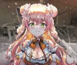  1girl blonde_hair breasts cleavage commentary double_bun english_commentary fang fang_out freeze-ex green_eyes hair_bun hololive husbant_(meme) large_breasts long_hair looking_at_viewer meme momosuzu_nene snow snowing solo virtual_youtuber 