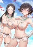  2girls arm_under_breasts armpits bangs beads bikini black_hair blue_eyes blue_gemstone blush breast_hold breasts brown_hair choker cleavage closed_mouth dame_luchika dangle_earrings earrings expressionless fiorayne_(monster_hunter) gem glint hair_between_eyes hair_flaps hand_on_own_chest hand_up highres jewelry large_breasts leaf98k long_hair looking_at_viewer midriff monster_hunter_(series) monster_hunter_rise multiple_girls navel panties parted_bangs parted_lips purple_eyes shell shell_bikini short_hair sidelocks smile stomach swimsuit tassel thigh_beads thighlet thighs underwear white_panties wrist_guards 