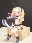  1girl absurdres alternate_costume animal_ears azur_lane black_background blonde_hair blue_eyes blush chili_powder commentary_request crate crazy_straw drinking_straw full_body hair_ornament highres kalk_(azur_lane) navel open_mouth playboy_bunny rabbit_ears shoes shorts sitting solo suspenders 