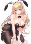 1girl animal_ears ayase_hazuki azur_lane bare_shoulders black_bow black_bowtie black_footwear black_pantyhose blonde_hair blue_eyes bow bowtie breasts cleavage closed_mouth detached_collar highres kneeling large_breasts long_hair looking_at_viewer north_carolina_(azur_lane) pantyhose playboy_bunny rabbit_ears rabbit_tail shoes simple_background smile solo tail thigh_strap very_long_hair white_background wrist_cuffs 
