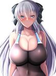  1girl absurdres black_bow black_swimsuit blue_swimsuit bow braid breasts collarbone competition_swimsuit covered_navel fate/grand_order fate_(series) french_braid grey_eyes grey_hair hair_between_eyes hair_bow highres kanna_(minamozuki) large_breasts long_hair morgan_le_fay_(fate) multicolored_clothes multicolored_swimsuit one-piece_swimsuit solo swimsuit upper_body 