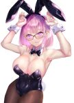  1girl animal_ears armpits arms_up bangs bare_arms bare_shoulders black-framed_eyewear black_bow black_bowtie black_leotard bow bowtie breasts brown_pantyhose bunny_pose character_request cleavage collarbone commentary copyright_request covered_navel cowboy_shot detached_collar fake_animal_ears glasses large_breasts leotard long_hair looking_at_viewer mole mole_on_breast nabeshima_tetsuhiro pantyhose pink_hair playboy_bunny purple_eyes rabbit_ears simple_background smile solo standing strapless strapless_leotard symbol-only_commentary white_background wrist_cuffs 