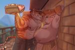  2022 anthro blush bottomwear bread clothing detailed_background duo felid food hat headgear headwear hi_res humanoid_hands male male/male mammal moobs muscular muscular_male nipples outside overweight overweight_male pantherine pants smollsaid tiger ursid 