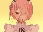  1girl black_ribbon blood blood_from_mouth bruise bruise_on_face eyes_visible_through_hair flower hair_flower hair_ornament hair_over_one_eye hair_ribbon head_wreath injury looking_at_viewer neck_ribbon pink_hair portrait purple_ribbon ram_(re:zero) re:zero_kara_hajimeru_isekai_seikatsu red_eyes ribbon risui_ao roswaal_mansion_maid_uniform short_hair simple_background sketch smile solo white_flower x_hair_ornament yellow_background 