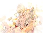  1boy 1girl bangs bare_pectorals bishounen blonde_hair braid breasts cleavage closed_eyes earrings flower girly_boy green_eyes hair_between_eyes hand_to_own_mouth head_wings highres japanese_clothes jewelry kinnara_(onmyoji) long_hair long_sleeves looking_at_another lotus lotus_earrings lotus_hair_ornament obi onmyoji pectorals sash short_hair sleeping string_choker taishakuten_(onmyoji) tober very_long_hair 