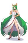  1girl breasts dress english_commentary forehead_jewel green_hair hand_on_hip high_heels highres jewelry kid_icarus kid_icarus_uprising laurel_crown legs long_hair long_legs looking_at_viewer medium_breasts palutena pendant phrecklesart side_slit solo standing strapless strapless_dress thighs tiara vambraces 