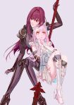  2girls armor black_bodysuit black_sleeves bodysuit boots brown_hair closed_mouth daeraeband detached_sleeves dress fate/grand_order fate_(series) gae_bolg_(fate) grey_background hair_intakes high_heel_boots high_heels layered_dress long_hair long_sleeves medb_(fate) multiple_girls pink_hair red_eyes scathach_(fate) short_dress shoulder_armor simple_background sitting sleeveless sleeveless_dress very_long_hair white_dress white_footwear yellow_eyes 