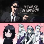  +++ 1boy 2girls ahoge angelia_(girls&#039;_frontline) black_background black_eyes black_hair black_necktie blush bound breasts english_text formal girls&#039;_frontline heart highres hk416_(black_kitty&#039;s_gift)_(girls&#039;_frontline) hk416_(girls&#039;_frontline) hk416_(herbal-flavored_hard_candy)_(girls&#039;_frontline) hk416_(starry_cocoon)_(girls&#039;_frontline) interrogation large_breasts long_hair looking_at_viewer medium_hair multiple_girls multiple_persona necktie official_alternate_costume open_mouth pink_background pointing pointing_at_another shouting simple_background smile suit sunglasses tied_up_(nonsexual) v variasii very_long_hair white_hair yellow_eyes younger 