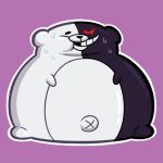  1:1 2019 ambiguous_gender anthro black_body black_eyes bodily_fluids danganronpa davidbaronart digital_media_(artwork) genetic_chimerism grin machine mammal monokuma morbidly_obese morbidly_obese_ambiguous morbidly_obese_anthro multicolored_body navel obese obese_ambiguous obese_anthro outline overweight overweight_ambiguous overweight_anthro purple_background red_eyes robot simple_background smile solo split_color sweat teeth two_tone_body ursid white_body white_outline 