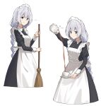  1girl :t alternate_costume apron black_dress blue_eyes braid broom cowboy_shot cropped_legs cup dress enmaided grey_hair highres holding holding_broom holding_saucer holding_teapot kizuna_akari long_hair maid maid_apron maid_headdress minatsuki_(m1natsuk1) multiple_views parted_lips pouring pout puffy_sleeves saucer teacup teapot translated twin_braids very_long_hair vocaloid voiceroid white_background 