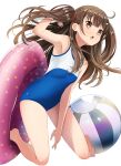  1girl abe_kanari ball barefoot beachball breasts brown_eyes brown_hair high_school_fleet highres innertube long_hair school_swimsuit simple_background small_breasts solo swimsuit takahashi_chika_(haifuri) two-tone_swimsuit two_side_up white_background 