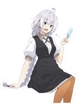  1girl ahoge arm_support black_dress blue_eyes braid commentary dress dripping furrowed_brow grey_hair highres holding_ice_cream ice_cream_bar kizuna_akari long_hair minatsuki_(m1natsuk1) open_mouth orange_thighhighs puffy_short_sleeves puffy_sleeves shirt shirt_under_dress short_sleeves solo symbol-only_commentary thighhighs translated very_long_hair vocaloid voiceroid white_shirt 