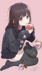  1girl bangs brown_eyes brown_hair cup h heart highres holding holding_cup long_sleeves looking_at_viewer medium_hair nanase_kurumi_(menhera-chan) open_mouth original pomu simple_background sitting solo sweater teapot thighhighs 