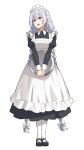  1girl alternate_costume black_dress blue_eyes braid commentary dress enmaided full_body grey_hair head_tilt highres holding holding_tray kizuna_akari long_hair looking_to_the_side maid maid_headdress minatsuki_(m1natsuk1) open_mouth own_hands_together puffy_sleeves simple_background socks solo standing tray twin_braids very_long_hair vocaloid voiceroid white_background white_socks 