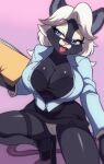  anthro big_breasts black_body black_fur bottomwear breasts camel_toe cleavage clothed clothing fur hi_res mammal mouse murid murine panties pepper_ebonson rodent skirt solo unbuttoned_shirt underwear wildblur 