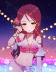  1girl bad_id bad_pixiv_id bikini bikini_skirt bow bow_bikini braid breasts choker cross-laced_armwear dalsem detached_sleeves flower gradient_sleeves hair_flower hair_ornament hair_tucking highres liri_(liri_guilty) long_hair looking_at_viewer love_live! love_live!_sunshine!! medium_breasts navel night open_mouth parted_lips pink_bikini pink_flower pink_rose pool red_hair rose sakurauchi_riko see-through see-through_skirt short_sleeves single_bang skirt sky solo star_(sky) starry_sky swimsuit twilight waist_bow white_bow yellow_eyes 