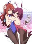  3girls animal_ears ass blue_bow blue_bowtie bow bowtie breasts curled_horns demon_girl demon_horns demon_tail fake_animal_ears highres horns hug large_breasts leotard long_hair looking_at_viewer machikado_mazoku mel_(melty_pot) multiple_girls pantyhose playboy_bunny purple_eyes purple_hair rabbit_ears rabbit_tail red_eyes red_hair revision short_hair siblings sisters small_breasts strapless strapless_leotard tail yoshida_ryouko yoshida_yuuko_(machikado_mazoku) 
