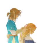  1boy 1girl bangs belt blonde_hair blue_eyes blue_tunic braid braiding_hair clenched_hand earrings hair_between_eyes hair_tie_in_mouth hairdressing hand_in_another&#039;s_hair head_down highres jewelry link lip_(lih8) long_hair long_sleeves looking_at_another medium_hair mouth_hold parted_bangs pointy_ears princess_zelda shirt short_ponytail short_sleeves sidelocks smirk the_legend_of_zelda the_legend_of_zelda:_breath_of_the_wild thick_eyebrows upper_body white_background white_shirt 