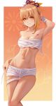  1girl absurdres arm_behind_head arm_up armpits bandages bandeau bangs bare_shoulders blonde_hair breasts chest_sarashi chest_tattoo cleavage collarbone commentary feet_out_of_frame genshin_impact grin groin hair_between_eyes highres looking_at_viewer medium_breasts medium_hair midriff n7grey navel ponytail sarashi skindentation smile solo standing stomach strapless tattoo thighs tube_top wrist_wrap yellow_eyes yoimiya_(genshin_impact) 