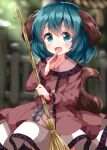  1girl :d animal_ears bamboo_broom bangs blurry blurry_background blush broom cowboy_shot depth_of_field dog_ears dress green_hair hair_between_eyes happy highres holding holding_broom kasodani_kyouko long_sleeves looking_at_viewer open_mouth outdoors ruu_(tksymkw) smile solo tail touhou 