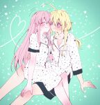 2girls ^_^ ahoge amano_soraha arm_at_side arm_support assault_lily bangs black_shorts blonde_hair blush breast_pocket bright_pupils buttons cheek-to-cheek closed_eyes closed_mouth collarbone collared_shirt egawa_kusumi feet_out_of_frame gradient gradient_background green_background hair_between_eyes hand_on_another&#039;s_back hand_on_another&#039;s_knee heads_together heart heart_of_string highres light_particles long_hair long_sleeves looking_at_another low_ponytail motion_lines multiple_girls pajamas pink_hair pocket ponytail print_pajamas purple_eyes shirt shorts sidelocks sitting sitting_on_lap sitting_on_person smile sorato_(astllatte) sparkle sparkle_print very_long_hair white_pajamas white_pupils white_shirt yuri 