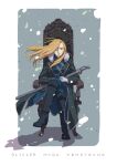  1girl absurdres asymmetrical_hair black_coat black_footwear blonde_hair bloodborne blue_eyes blue_jacket blue_pants boots border breasts character_name coat crossed_legs derivative_work full_body fullmetal_alchemist fur_collar gloves grey_background hair_over_one_eye high_collar highres holding holding_sword holding_weapon jacket knee_boots long_coat long_hair long_jacket looking_at_viewer mature_female military military_uniform minisky01 olivier_mira_armstrong one_eye_covered pants pouty_lips shoulder_strap sitting snowing solo sword throne uniform weapon white_border white_gloves 