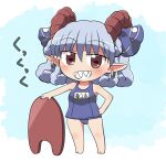  1girl barefoot blue_ribbon blue_swimsuit blush collarbone earrings full_body grey_hair grin hair_between_eyes horn_ornament horn_ribbon horns jewelry name_tag one-piece_swimsuit pointy_ears red_eyes red_horns ribbon rokugou_daisuke school_swimsuit sheep_horns short_hair signature smile solo swimsuit touhou toutetsu_yuuma 