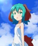 1girl alternate_costume animal_ears blush camisole cato_(monocatienus) cloud cloudy_sky day dog_ears dog_tail green_eyes green_hair hair_between_eyes highres kasodani_kyouko open_mouth short_hair sky solo spaghetti_strap tail touhou upper_body white_camisole 
