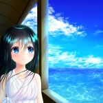  1girl bangs black_hair blue_eyes blue_sky blush day dress highres long_hair looking_outside looking_to_the_side marine_day ocean original sky smile solo sundress tied_dress wabi_chazuke water window 