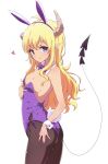  1girl :q ahoge animal_ears ass bare_shoulders black_pantyhose blonde_hair blush bow bowtie breasts cleavage dark-skinned_female dark_skin demon_girl demon_horns demon_tail detached_collar fake_animal_ears heart highres horns leotard lilith_(machikado_mazoku) long_hair looking_at_viewer machikado_mazoku mel_(melty_pot) pantyhose playboy_bunny pointy_ears purple_eyes purple_leotard rabbit_ears rabbit_tail revision side-tie_leotard simple_background small_breasts solo strapless strapless_leotard tail tongue tongue_out white_background wrist_cuffs 