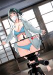  1girl aqua_eyes bangs barefoot bikini black_hair blue_bikini blunt_bangs breasts cellphone cleavage collarbone feet highres indoors jacket large_breasts looking_at_viewer mask mouth_mask navel original phone ponytail sakayama_shinta sidelocks smartphone solo standing surgical_mask swimsuit thighhighs toes tripod white_jacket 