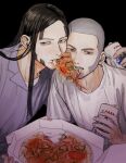  2boys beer_can black_background black_eyes black_hair brown_eyes can eating food golden_kamuy grey_hair highres holding holding_can long_hair male_focus multiple_boys oosawa_fusatarou pizza pizza_box pizza_slice shared_food shiraishi_yoshitake shirt sideburns white_shirt ygrygry 