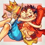  2boys :d age_comparison aokamei bird black_hair blush cheek-to-cheek child crow denim denim_shorts heads_together hug long_arms male_child male_focus monkey_d._luffy multiple_boys one_piece open_clothes open_shirt red_shirt scar scar_on_chest shirt short_hair shorts smile time_paradox younger 