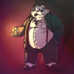  2022 anthro belly big_belly black_body black_nose bottomwear clothing giant_panda hi_res humanoid_hands korndoggychub male mammal overweight overweight_male pants shirt simple_background smoking solo suspenders topwear ursid white_body 