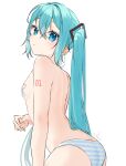  1girl absurdres arm_tattoo ass back bandaid bandaids_on_nipples blue_eyes blue_hair blue_panties blush breasts closed_mouth cowboy_shot from_behind halha_20 hatsune_miku highres leaning_forward long_hair looking_at_viewer looking_back number_tattoo panties pasties signature simple_background small_breasts solo striped striped_panties tattoo topless twintails underwear very_long_hair vocaloid white_background 