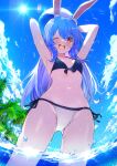  1girl ;d absurdres animal_ear_fluff animal_ears armpits arms_up ball bangs bikini black_bikini blue_hair blue_sky blush breasts cloud cowboy_shot day from_below halterneck highres holding holding_ball hololive kutar22 long_hair looking_at_viewer mismatched_bikini navel one_eye_closed orange_eyes outdoors palm_tree rabbit_ears rabbit_girl short_eyebrows side-tie_bikini sky small_breasts smile solo standing string_bikini sun swimsuit thick_eyebrows tree usada_pekora virtual_youtuber wading water white_bikini 