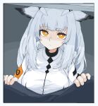  1girl arknights armband border breasts grey_background highres jacket large_breasts long_hair looking_at_viewer orange_eyes owl_ears ptilopsis_(arknights) rhine_lab_logo shaded_face signal_1120 simple_background solo upper_body white_border white_hair white_jacket 