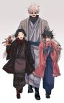  3boys :o affectbitter bangs black_footwear black_hair blue_eyes blush breath closed_eyes commentary_request full_body fushiguro_megumi gojou_satoru green_eyes hair_between_eyes height_difference highres japanese_clothes jujutsu_kaisen kamo_noritoshi kimono long_sleeves looking_at_viewer male_focus multiple_boys open_mouth round_eyewear scarf short_hair sidelocks smile spiked_hair white_hair wide_sleeves winter_gloves younger 