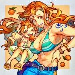  2girls abs age_comparison aokamei bra breasts child cleavage denim dress female_child green_bra green_hair heads_together jeans long_hair looking_at_viewer medium_breasts monkey_dsmile multiple_girls nami_(one_piece) navel one_piece orange_hair pants short_hair shoulder_tattoo smile tattoo time_paradox toned underwear younger 